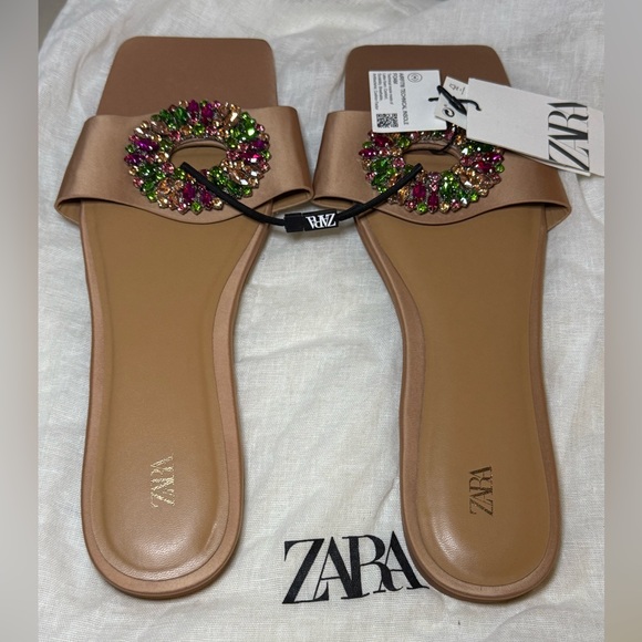 NWT ZARA WOMEN’S EMBELLISHED FLAT SANDALS BEIGE Size 11 - Picture 7 of 14